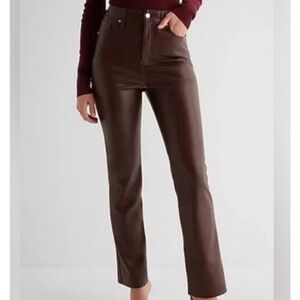 Express Modern Straight Super High Rise Vegan Leather Women Brown Pants